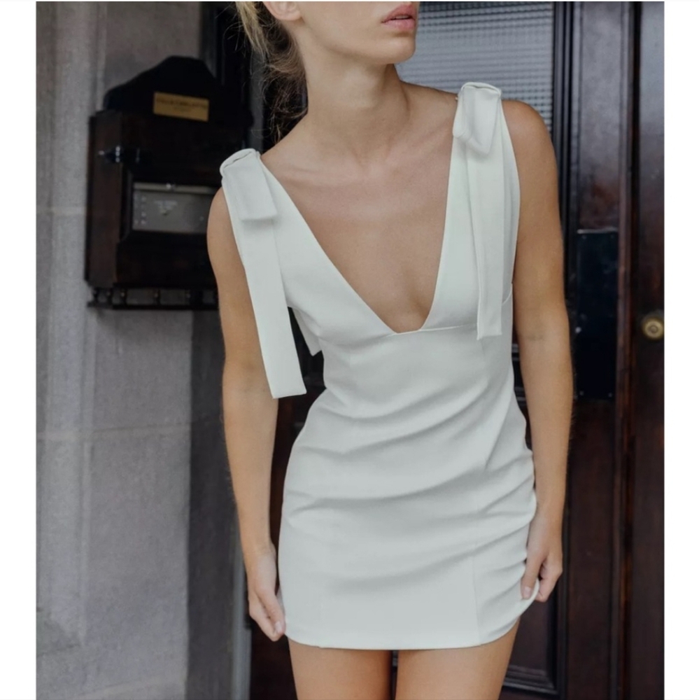 Zara  white short dress with bows size L - Picture 3 of 12